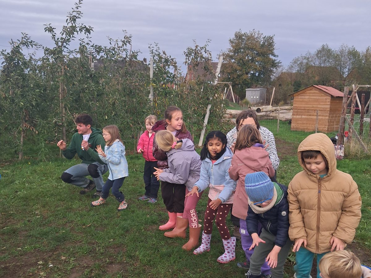 Kampgroep speelt buiten in het gras
